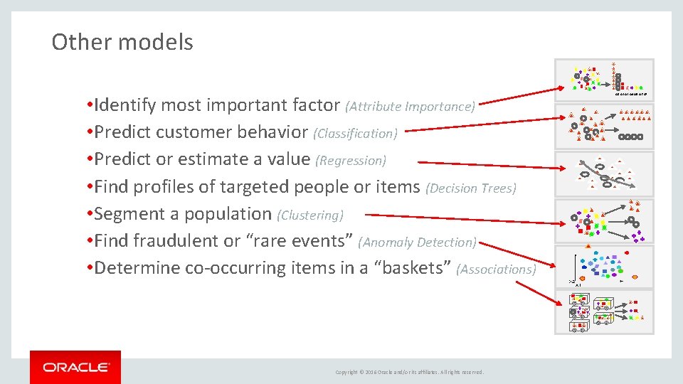 Other models • Identify most important factor (Attribute Importance) • Predict customer behavior (Classification)