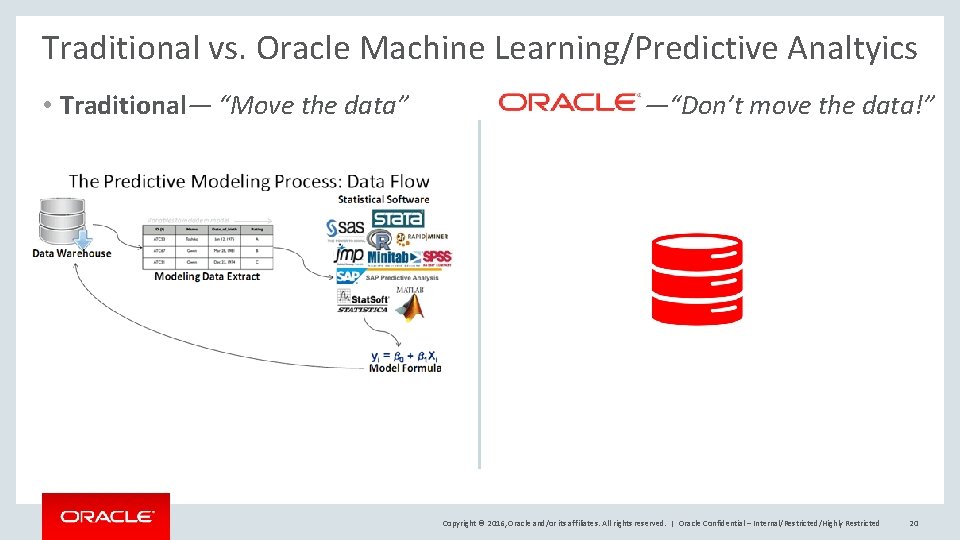 Traditional vs. Oracle Machine Learning/Predictive Analtyics • Traditional— “Move the data” —“Don’t move the