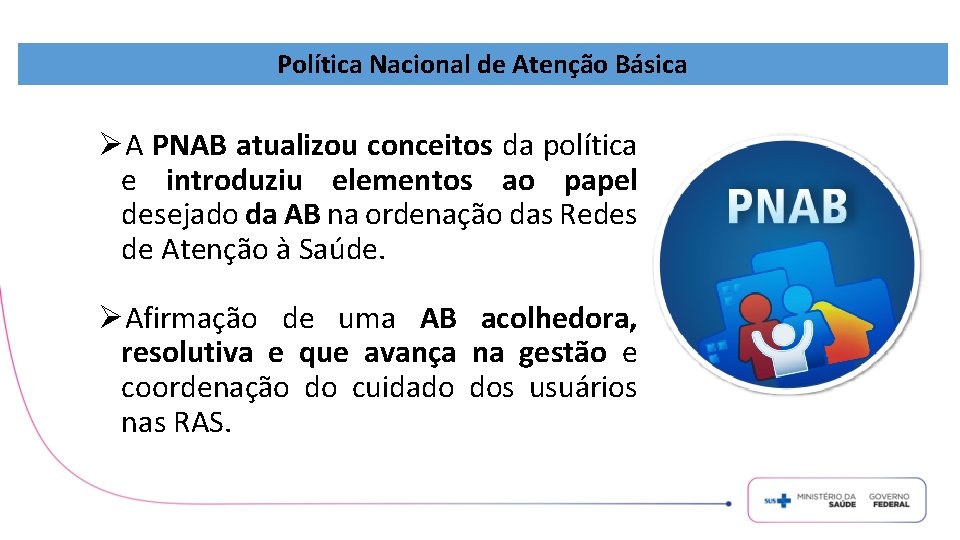 Política Nacional de Atenção Básica ØA PNAB atualizou conceitos da política e introduziu elementos