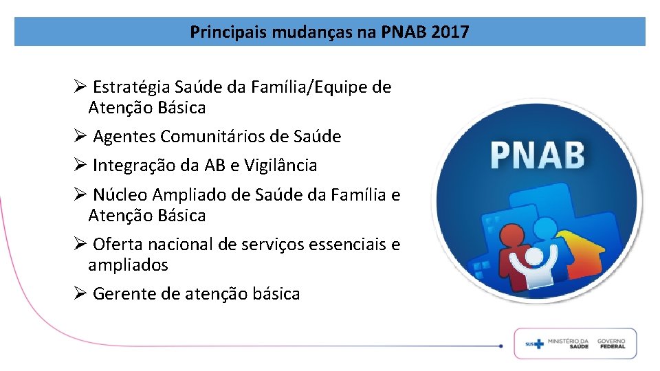 Principais mudanças na PNAB 2017 Ø Estratégia Saúde da Família/Equipe de Atenção Básica Ø