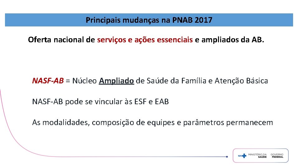 Principais mudanças na PNAB 2017 Oferta nacional de serviços e ações essenciais e ampliados