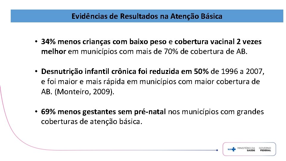 Evidências de Resultados na Atenção Básica • 34% menos crianças com baixo peso e