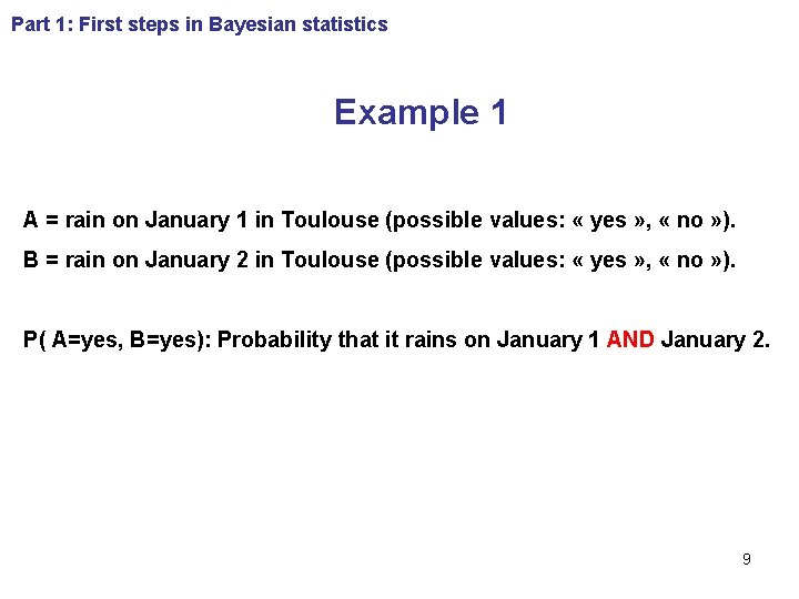 Part 1: First steps in Bayesian statistics Example 1 A = rain on January