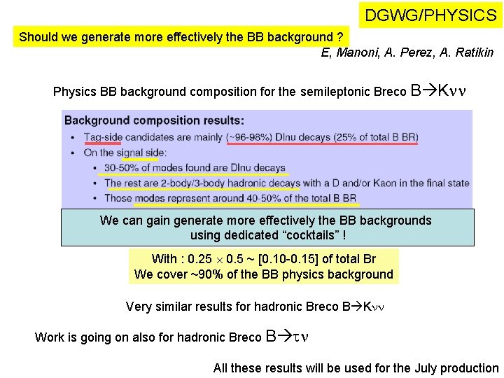 DGWG/PHYSICS Should we generate more effectively the BB background ? E, Manoni, A. Perez,