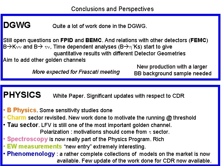 Conclusions and Perspectives DGWG Quite a lot of work done in the DGWG. Still