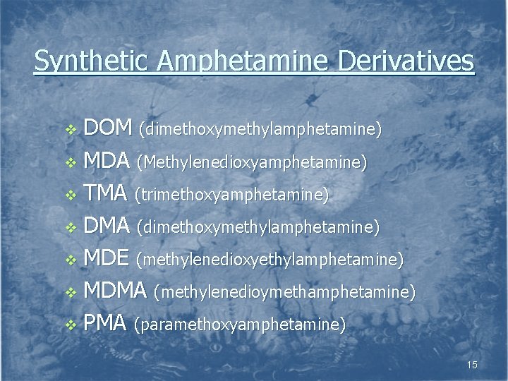 Synthetic Amphetamine Derivatives DOM (dimethoxymethylamphetamine) v MDA (Methylenedioxyamphetamine) v TMA (trimethoxyamphetamine) v DMA (dimethoxymethylamphetamine)