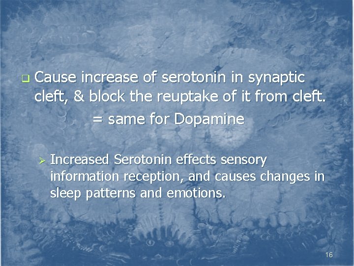 q Cause increase of serotonin in synaptic cleft, & block the reuptake of it