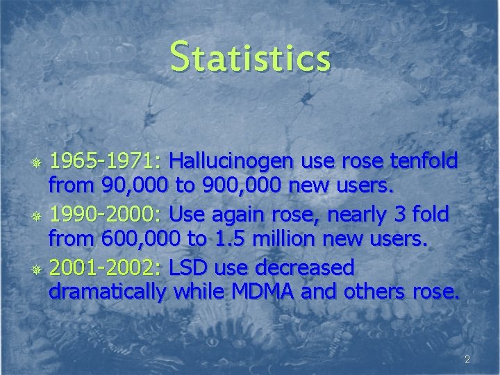 Statistics 1965 -1971: Hallucinogen use rose tenfold from 90, 000 to 900, 000 new