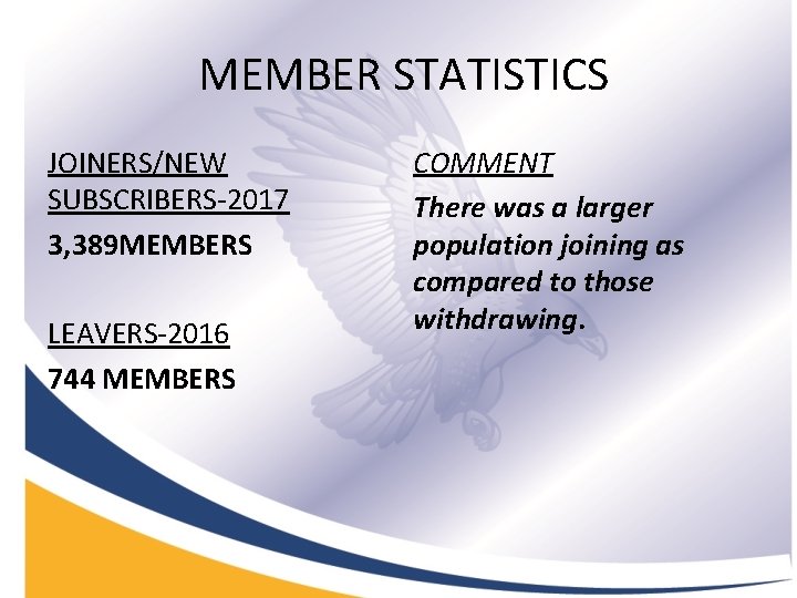  MEMBER STATISTICS JOINERS/NEW SUBSCRIBERS-2017 3, 389 MEMBERS LEAVERS-2016 744 MEMBERS COMMENT There was