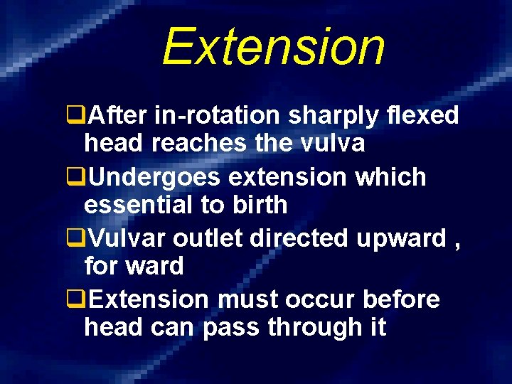 Extension q. After in-rotation sharply flexed head reaches the vulva q. Undergoes extension which