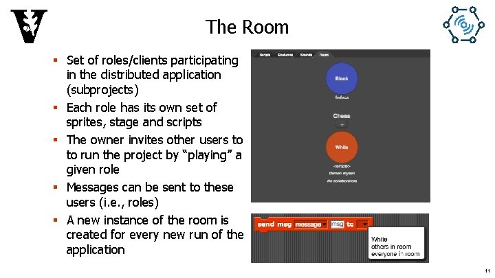 The Room § Set of roles/clients participating in the distributed application (subprojects) § Each