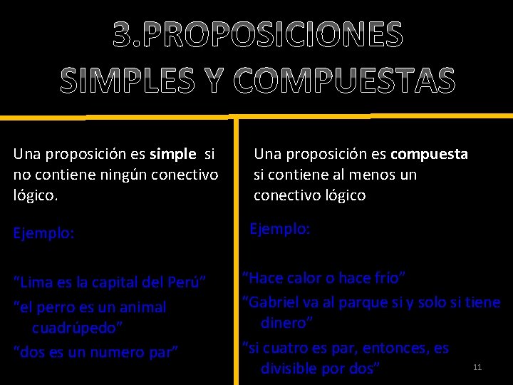 3. PROPOSICIONES SIMPLES Y COMPUESTAS Una proposición es simple si no contiene ningún conectivo