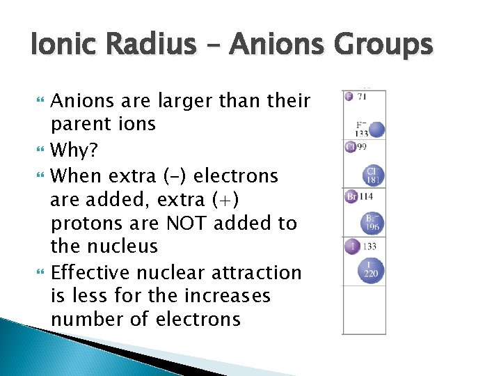 Ionic Radius – Anions Groups Anions are larger than their parent ions Why? When