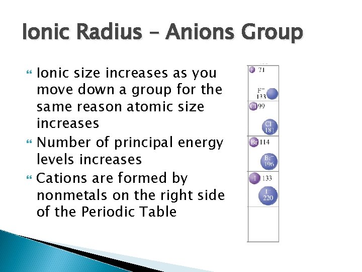 Ionic Radius – Anions Group Ionic size increases as you move down a group