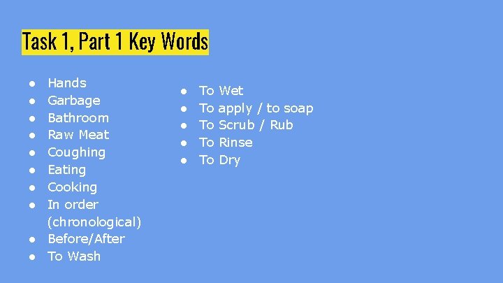 Task 1, Part 1 Key Words ● ● ● ● Hands Garbage Bathroom Raw