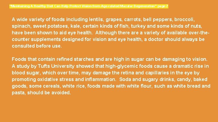 “Maintaining A Healthy Diet Can Help Protect Vision from Age-related Macular Degeneration” page 2