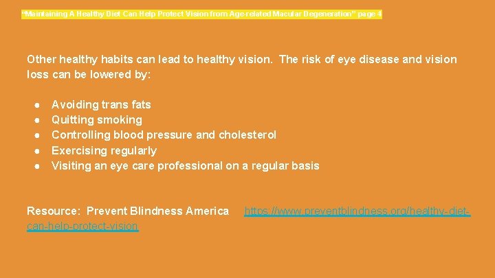 “Maintaining A Healthy Diet Can Help Protect Vision from Age-related Macular Degeneration” page 4