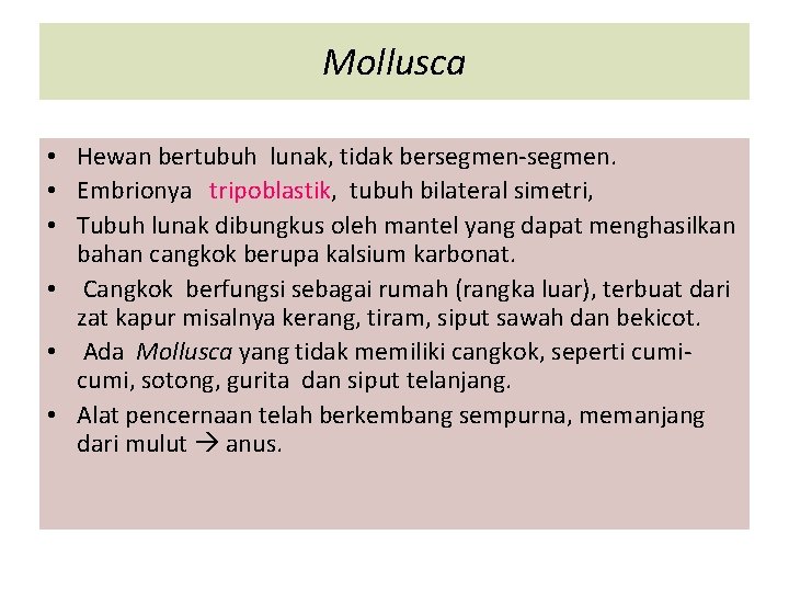 Mollusca • Hewan bertubuh lunak, tidak bersegmen-segmen. • Embrionya tripoblastik, tubuh bilateral simetri, •