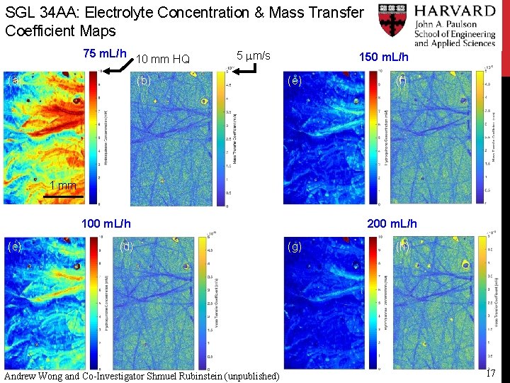 SGL 34 AA: Electrolyte Concentration & Mass Transfer Coefficient Maps 75 m. L/h (a)