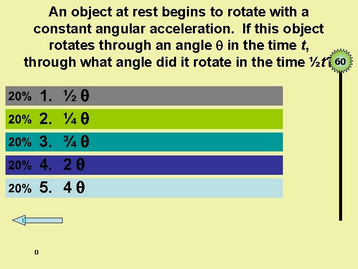 An object at rest begins to rotate with a constant angular acceleration. If this