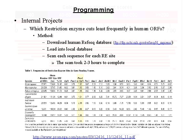 Programming • Internal Projects – Which Restriction enzyme cuts least frequently in human ORFs?