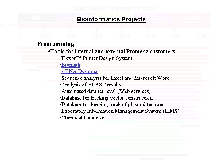 Bioinformatics Projects Programming • Tools for internal and external Promega customers • Plexor™ Primer