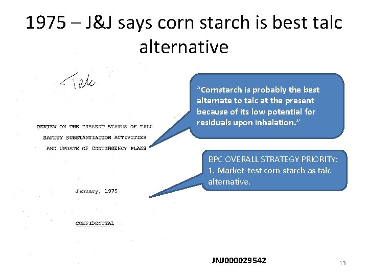 1975 – J&J says corn starch is best talc alternative “Cornstarch is probably the
