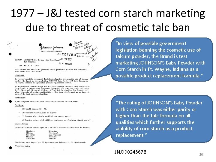 1977 – J&J tested corn starch marketing due to threat of cosmetic talc ban