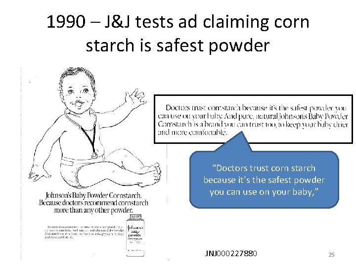 1990 – J&J tests ad claiming corn starch is safest powder “Doctors trust corn