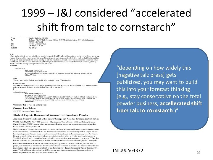 1999 – J&J considered “accelerated shift from talc to cornstarch” “depending on how widely