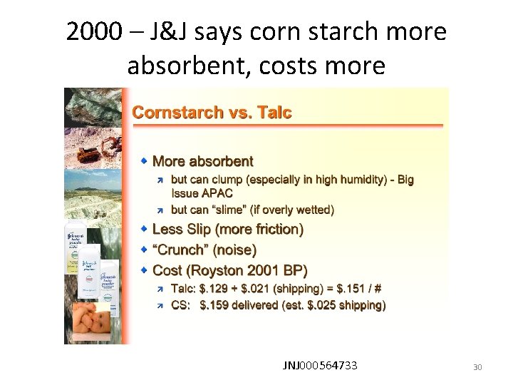 2000 – J&J says corn starch more absorbent, costs more JNJ 000564733 30 