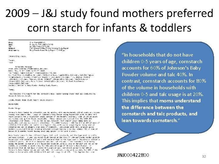 2009 – J&J study found mothers preferred corn starch for infants & toddlers “In