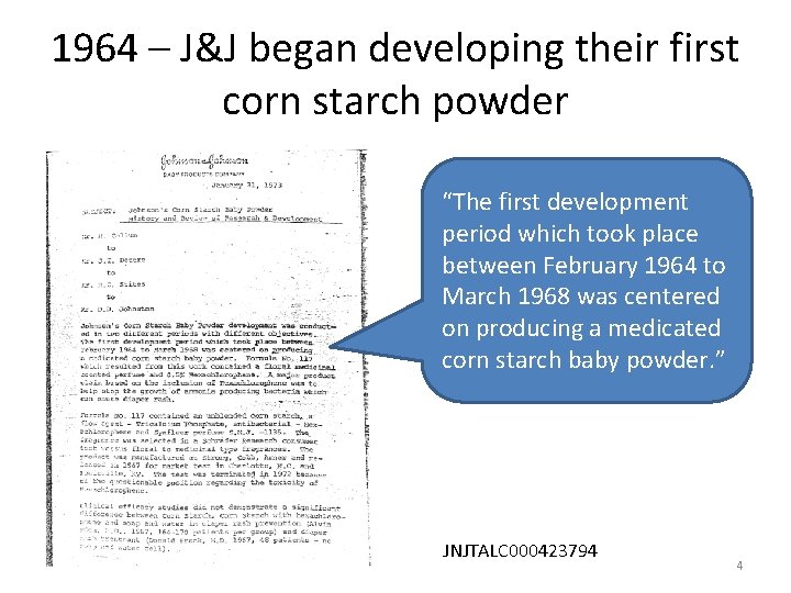 1964 – J&J began developing their first corn starch powder “The first development period
