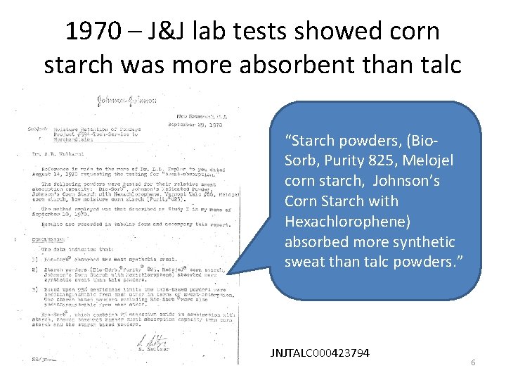 1970 – J&J lab tests showed corn starch was more absorbent than talc “Starch
