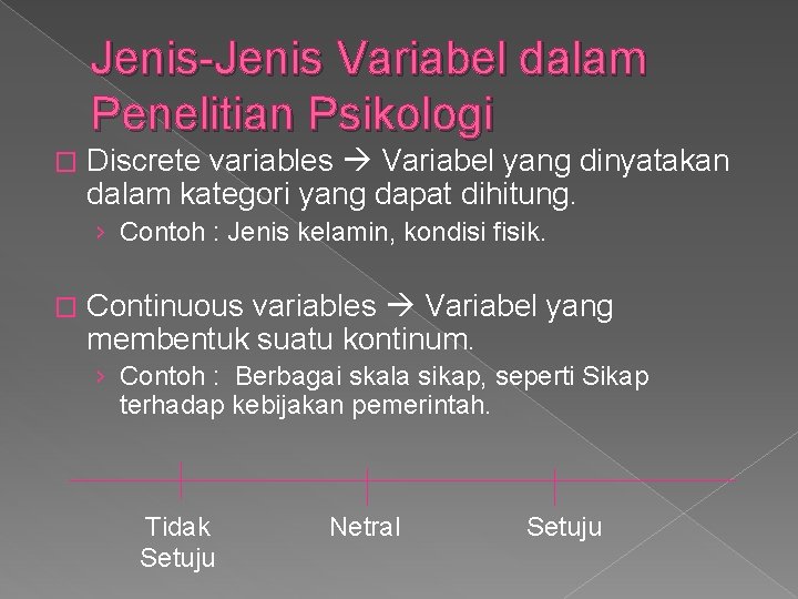 Jenis-Jenis Variabel dalam Penelitian Psikologi � Discrete variables Variabel yang dinyatakan dalam kategori yang