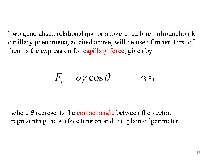 Two generalised relationships for above-cited brief introduction to capillary phenomena, as cited above, will