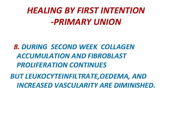 HEALING BY FIRST INTENTION -PRIMARY UNION 8. DURING SECOND WEEK COLLAGEN ACCUMULATION AND FIBROBLAST