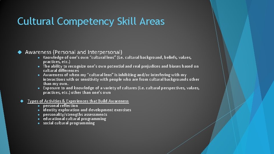Cultural Competency Skill Areas Awareness (Personal and Interpersonal) Knowledge of one’s own “cultural lens”
