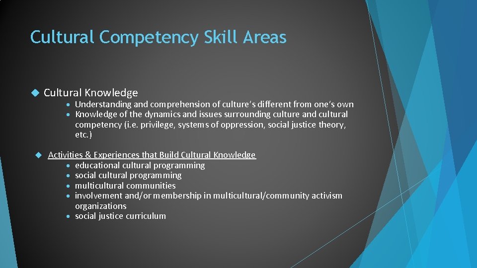 Cultural Competency Skill Areas Cultural Knowledge Understanding and comprehension of culture’s different from one’s