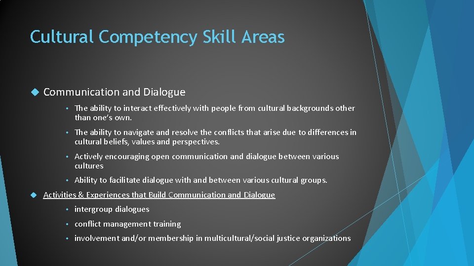 Cultural Competency Skill Areas Communication and Dialogue • The ability to interact effectively with