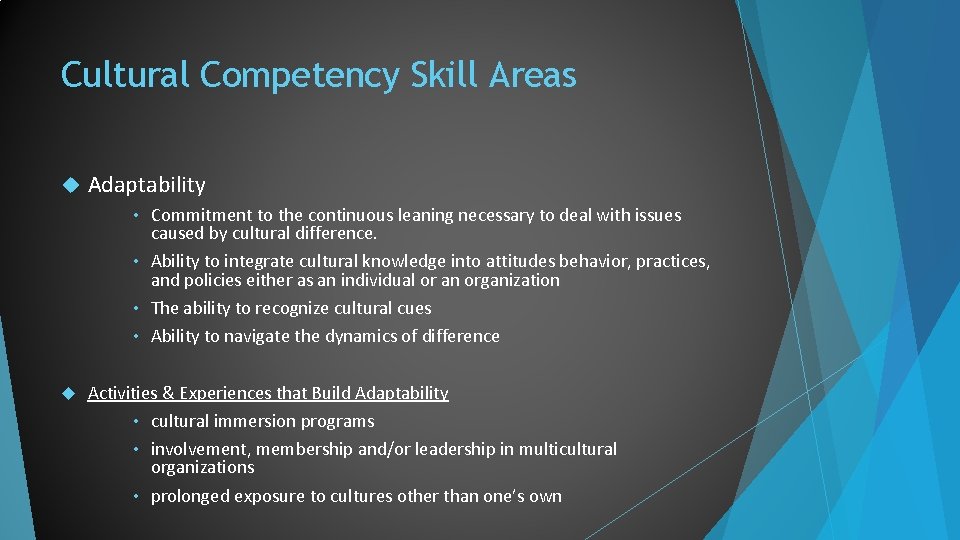 Cultural Competency Skill Areas Adaptability Commitment to the continuous leaning necessary to deal with