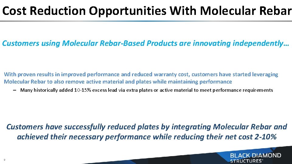 Cost Reduction Opportunities With Molecular Rebar Customers using Molecular Rebar-Based Products are innovating independently…