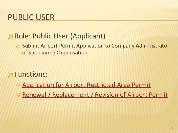 PUBLIC USER Role: Public User (Applicant) Submit Airport Permit Application to Company Administrator of