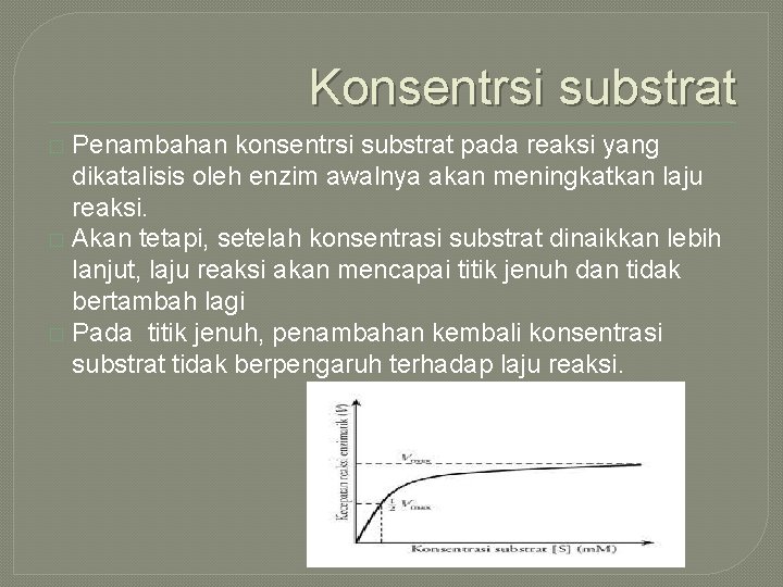 Konsentrsi substrat Penambahan konsentrsi substrat pada reaksi yang dikatalisis oleh enzim awalnya akan meningkatkan