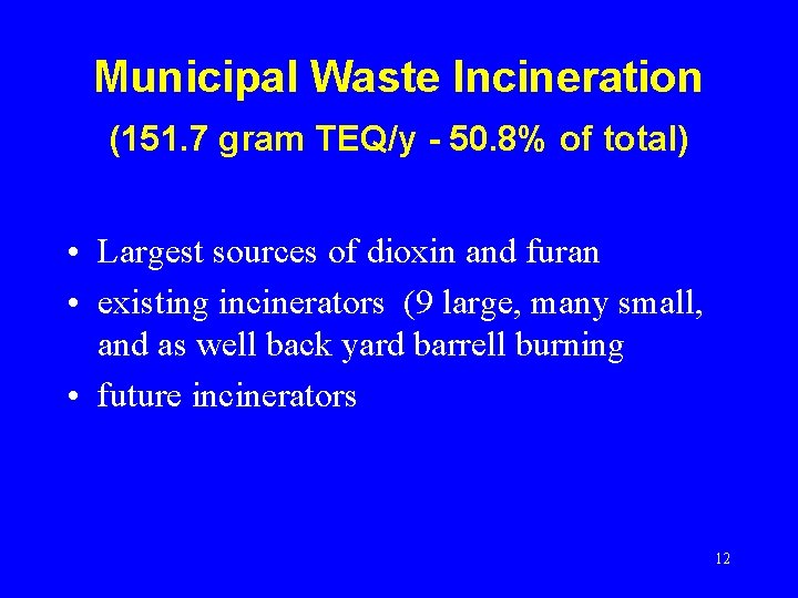 Municipal Waste Incineration (151. 7 gram TEQ/y - 50. 8% of total) • Largest