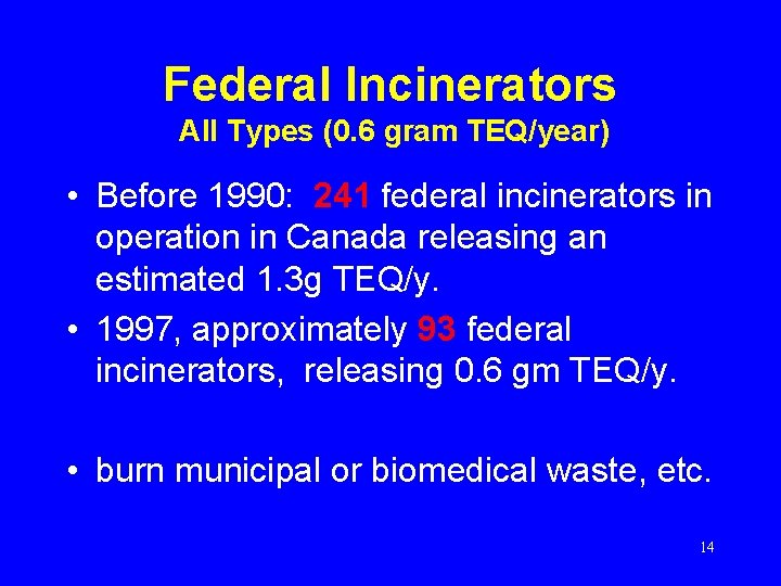 Federal Incinerators All Types (0. 6 gram TEQ/year) • Before 1990: 241 federal incinerators