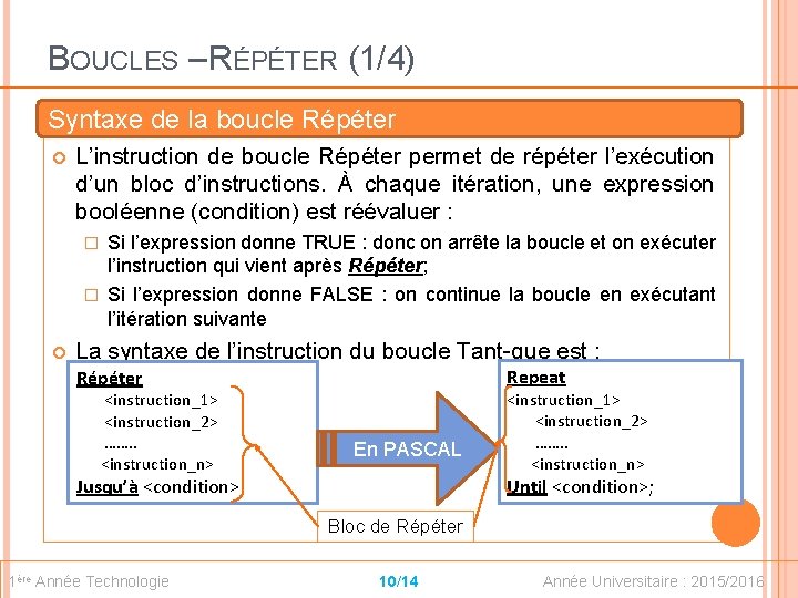 BOUCLES – RÉPÉTER (1/4) Syntaxe de la boucle Répéter L’instruction de boucle Répéter permet