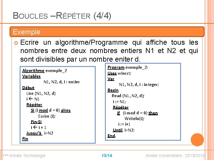 BOUCLES – RÉPÉTER (4/4) Exemple Ecrire un algorithme/Programme qui affiche tous les nombres entre