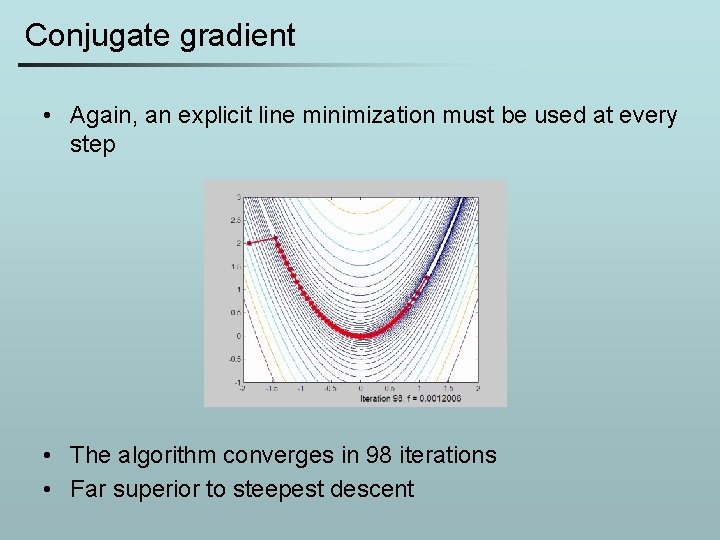 Conjugate gradient • Again, an explicit line minimization must be used at every step