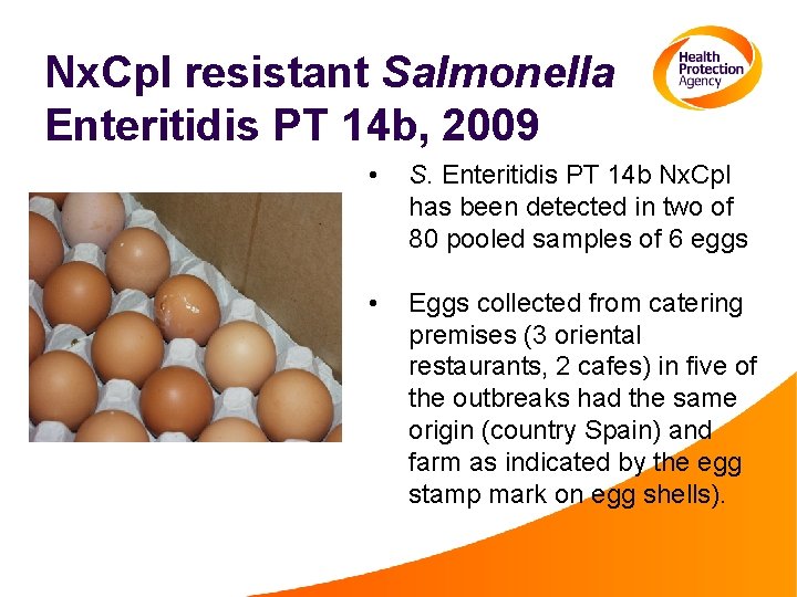 Nx. Cpl resistant Salmonella Enteritidis PT 14 b, 2009 • S. Enteritidis PT 14